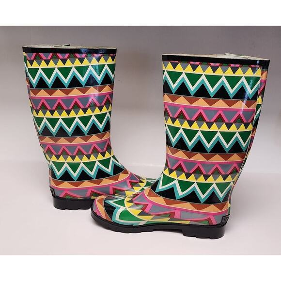 Corkys Shoes Women's Sunshine Multi Color Chevron Print Rain Boots Size 10 - Picture 6 of 12